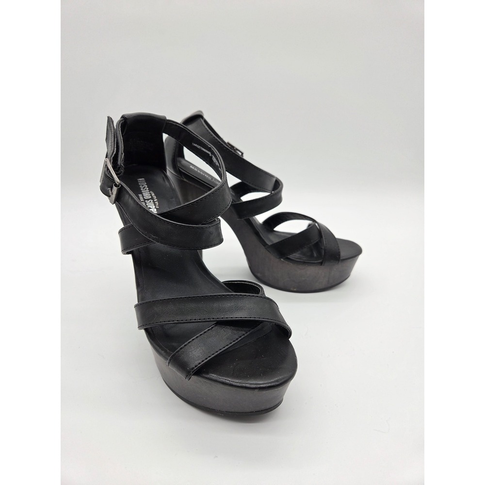 Mossimo Supply‎ Co Black Strappy Platform Sandals Chunky Wood Heel Ankle Strap 7